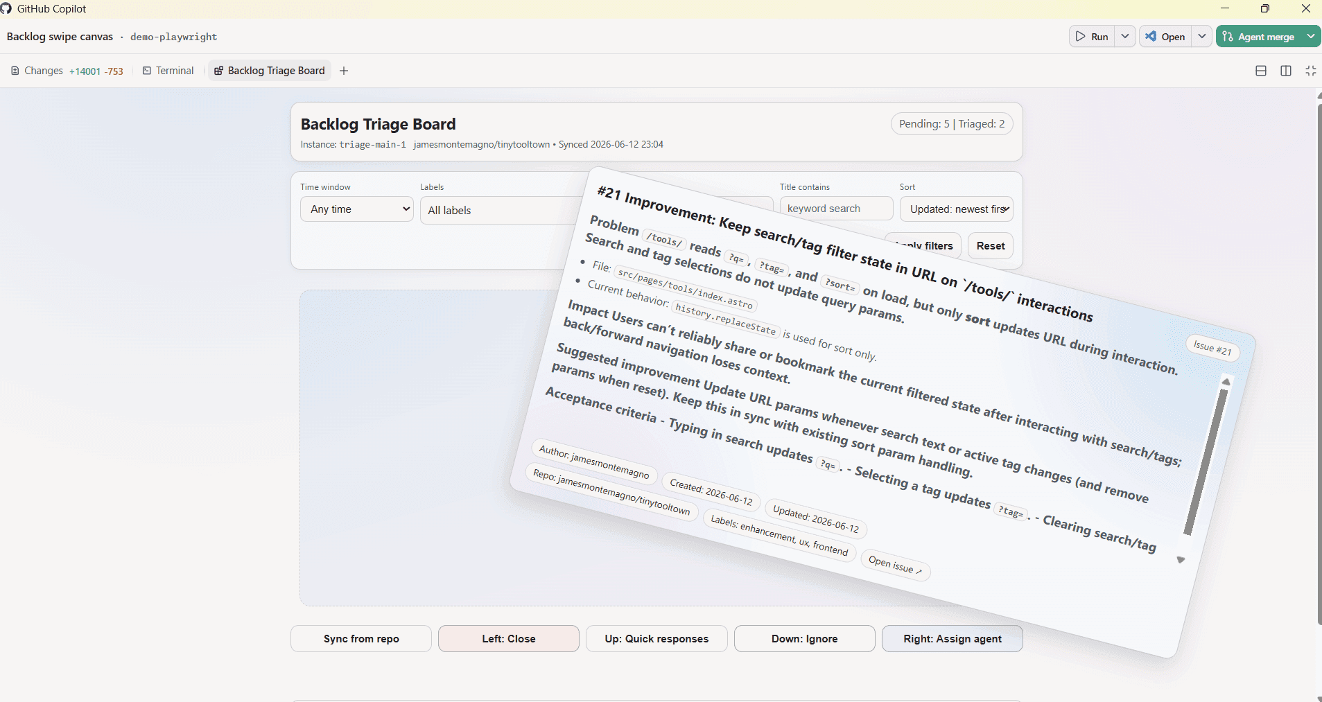 Card-based issue triage interface with progress, issue metadata, and colorful decision controls.