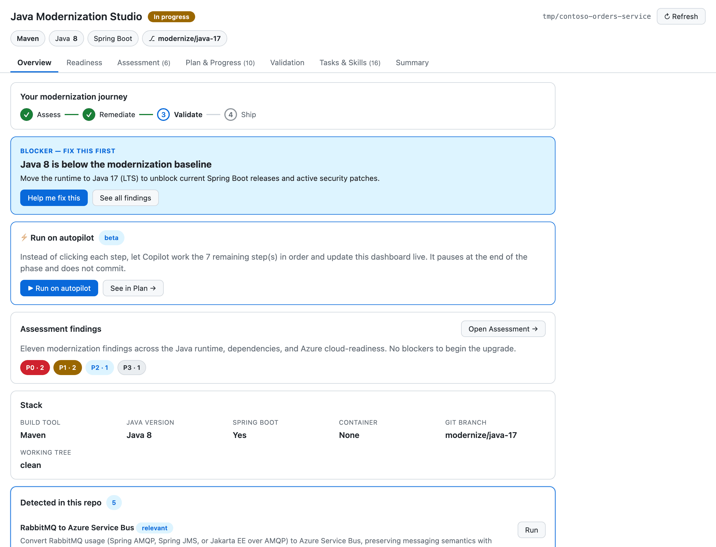Light modernization studio with a staged workflow, assessment summary, prioritized tasks, and progress status.