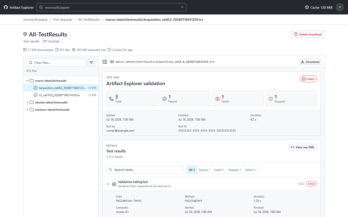Clean CI artifact browser with a run tree, test summary, and selected artifact details.