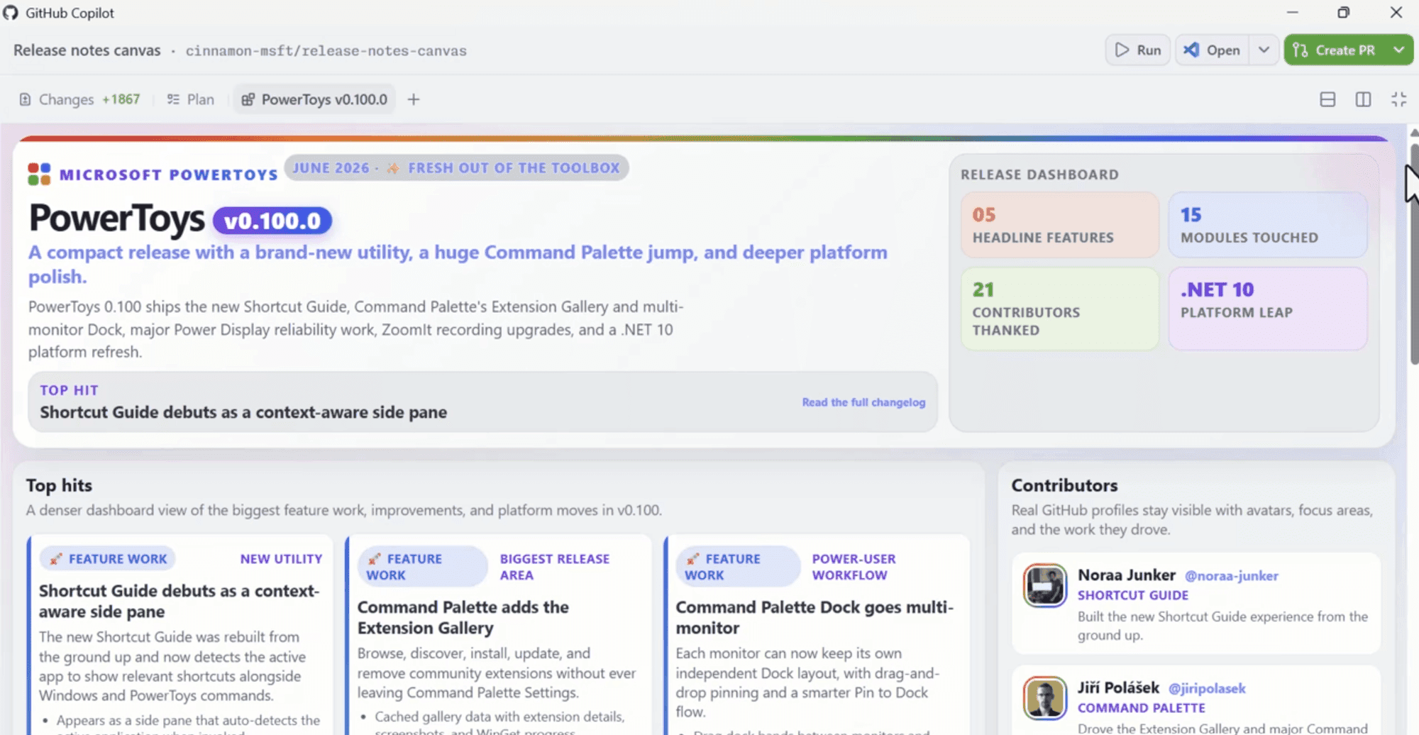 Colorful release notes page with bold version headline, feature highlights, change groups, and contributor callouts.