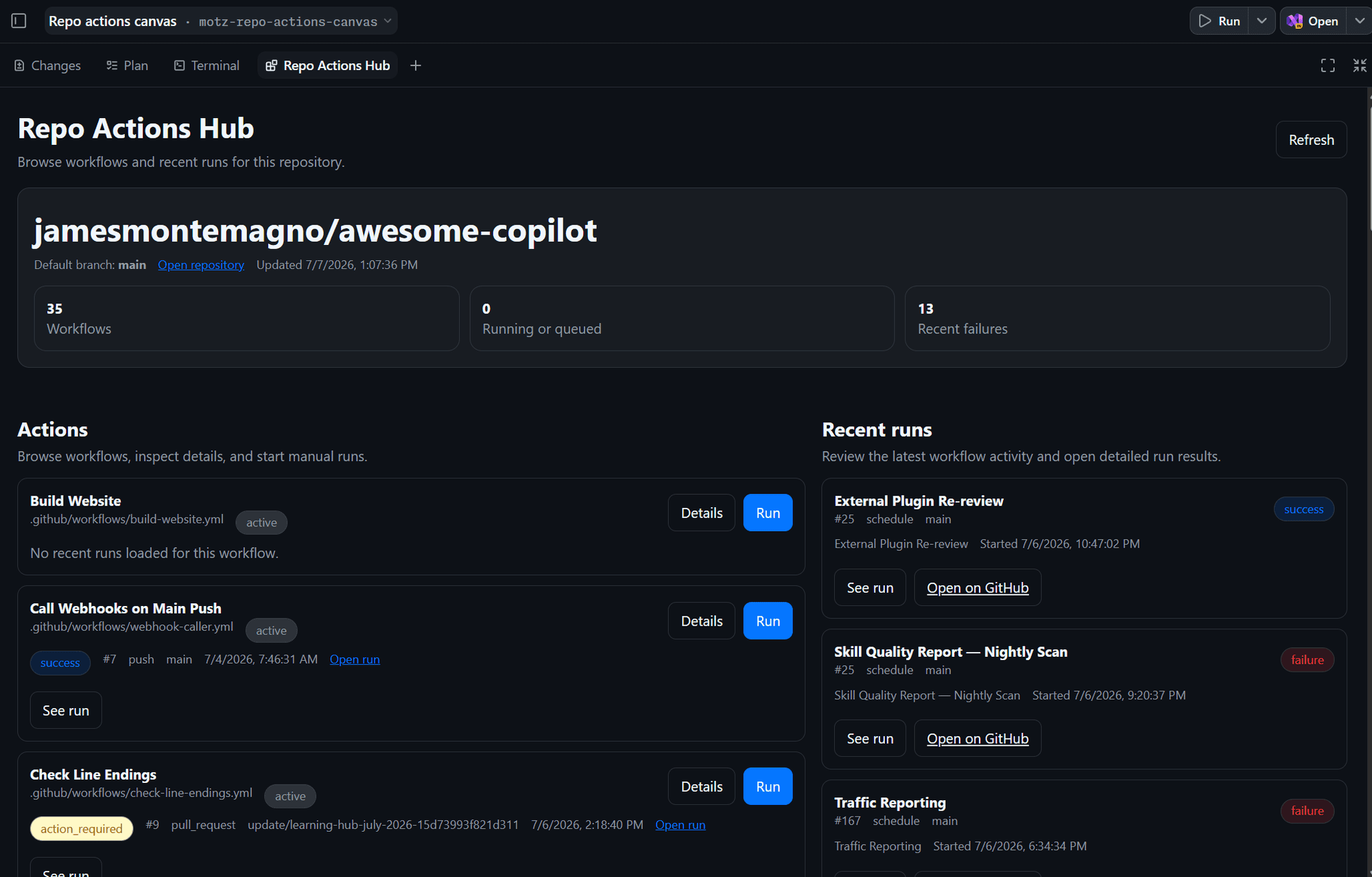 Dark repository actions dashboard with workflow navigation, run statuses, filters, and selected-run details.