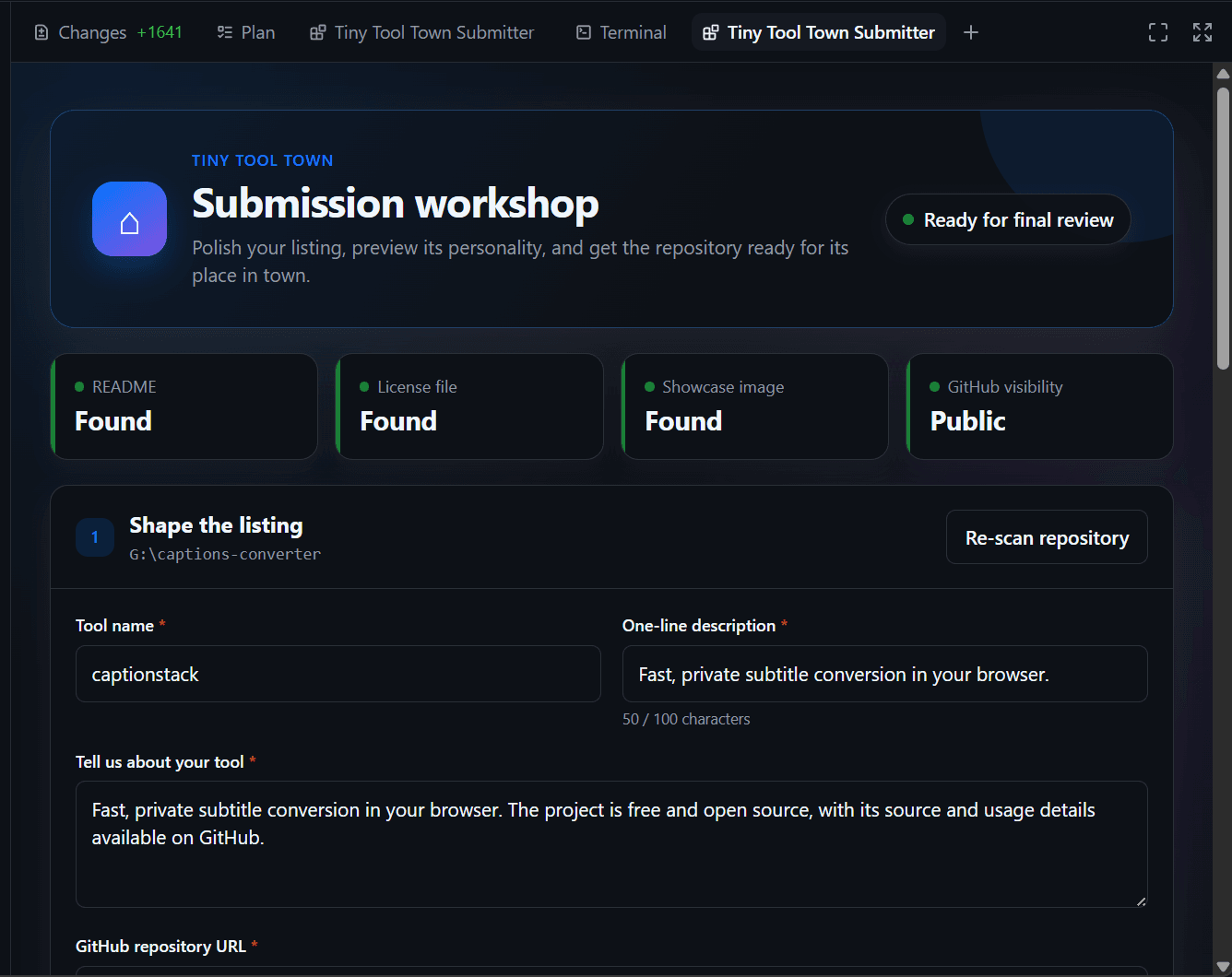 Dark submission workshop showing readiness score, requirement groups, remediation tasks, and final review controls.