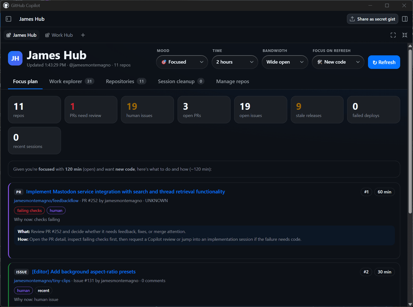 Dark developer command center with repository health, active work, focus items, and status panels.